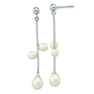 Sterling Silver Rhod-plated 4-7mm White Rice FWC Pearl Post Dangle Earrings