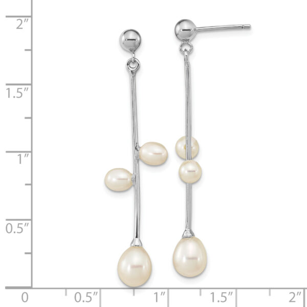 Sterling Silver Rhod-plated 4-7mm White Rice FWC Pearl Post Dangle Earrings - Image 3