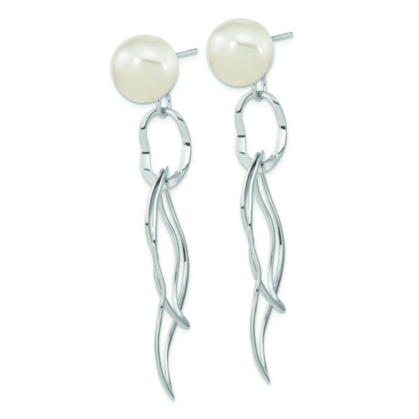 Sterling Silver Rhod-plated 10-11mm White Baroque FWC Pearl Dangle Earrings - Image 2