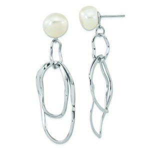 Sterling Silver Rhod-plated 10-11mm White Baroque FWC Pearl Dangle Earrings