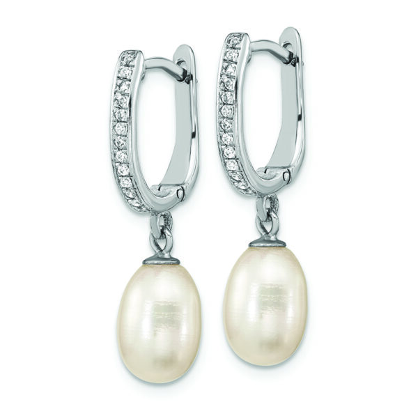 Sterling Silver Rhod-plated CZ 7 to 8mm Rice FWC Pearl Hoop Dangle Earring - Image 2