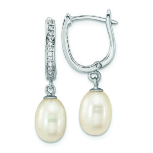 Sterling Silver Rhod-plated CZ 7 to 8mm Rice FWC Pearl Hoop Dangle Earring