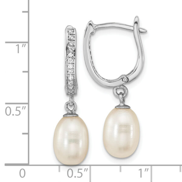 Sterling Silver Rhod-plated CZ 7 to 8mm Rice FWC Pearl Hoop Dangle Earring - Image 3