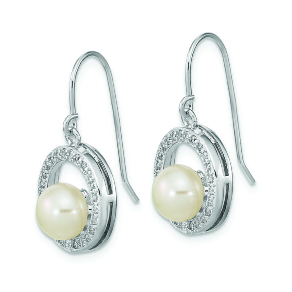 Sterling Silver Rhod-plated 6-7mm FWC Pearl & CZ Circle Dangle Earrings - Image 2