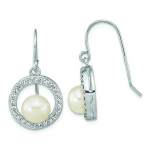 Sterling Silver Rhod-plated 6-7mm FWC Pearl & CZ Circle Dangle Earrings
