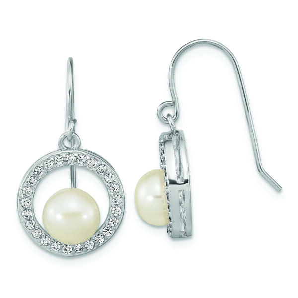 Sterling Silver Rhod-plated 6-7mm FWC Pearl & CZ Circle Dangle Earrings