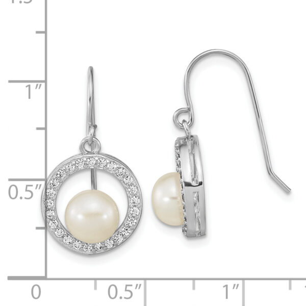 Sterling Silver Rhod-plated 6-7mm FWC Pearl & CZ Circle Dangle Earrings - Image 3