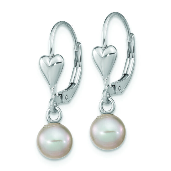 Sterling Silver RH-plated 6-7mm Grey FWC Pearl Heart Leverback Earrings - Image 2