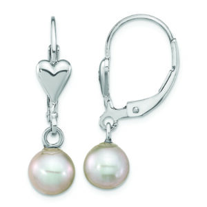 Sterling Silver RH-plated 6-7mm Grey FWC Pearl Heart Leverback Earrings