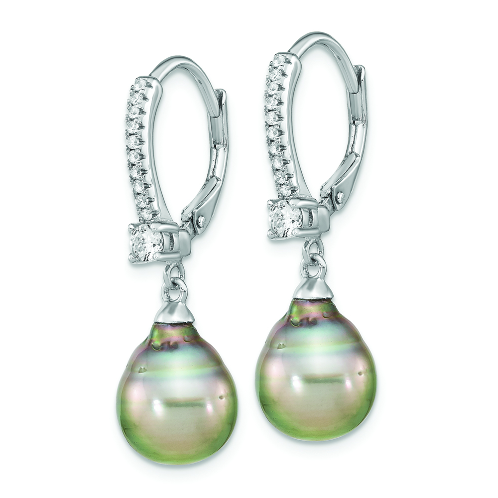 SS RH-plated 9-10mm Tahitian Saltwater Pearl & CZ Leverback Earrings - Image 2