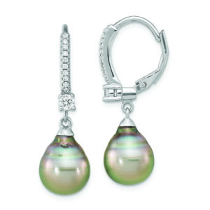 SS RH-plated 9-10mm Tahitian Saltwater Pearl & CZ Leverback Earrings