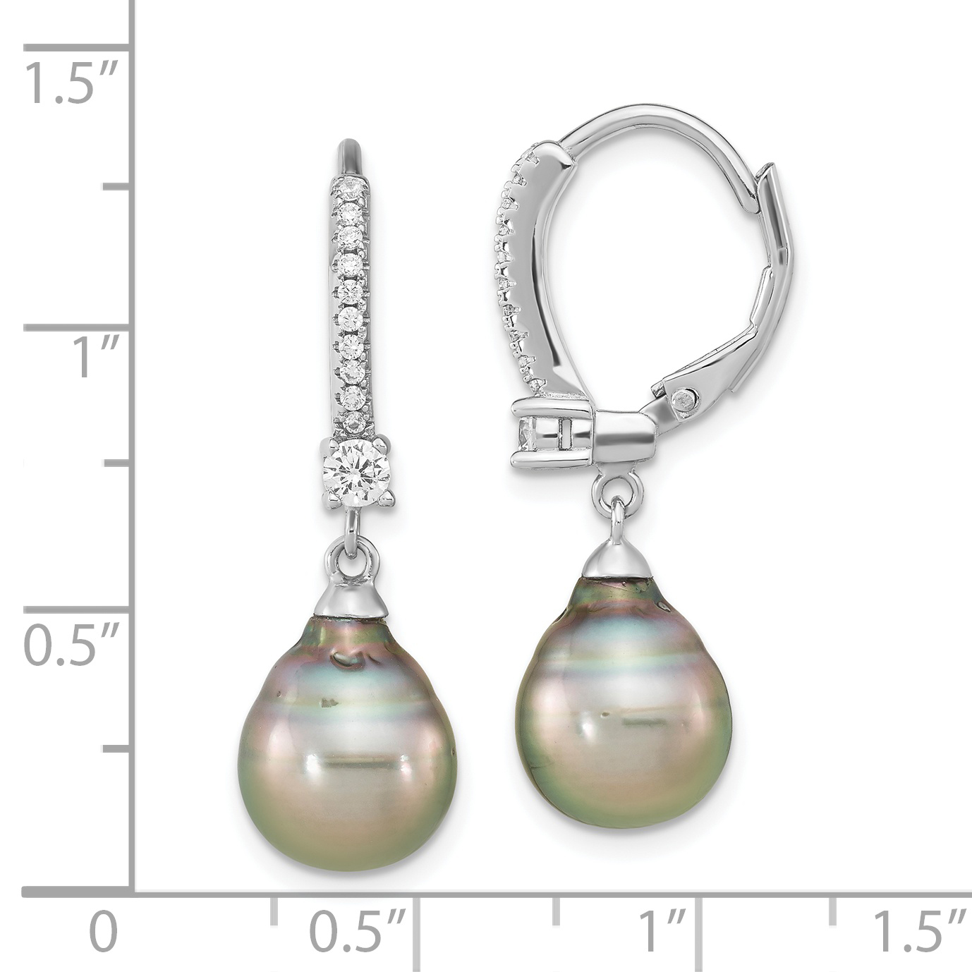 SS RH-plated 9-10mm Tahitian Saltwater Pearl & CZ Leverback Earrings - Image 3