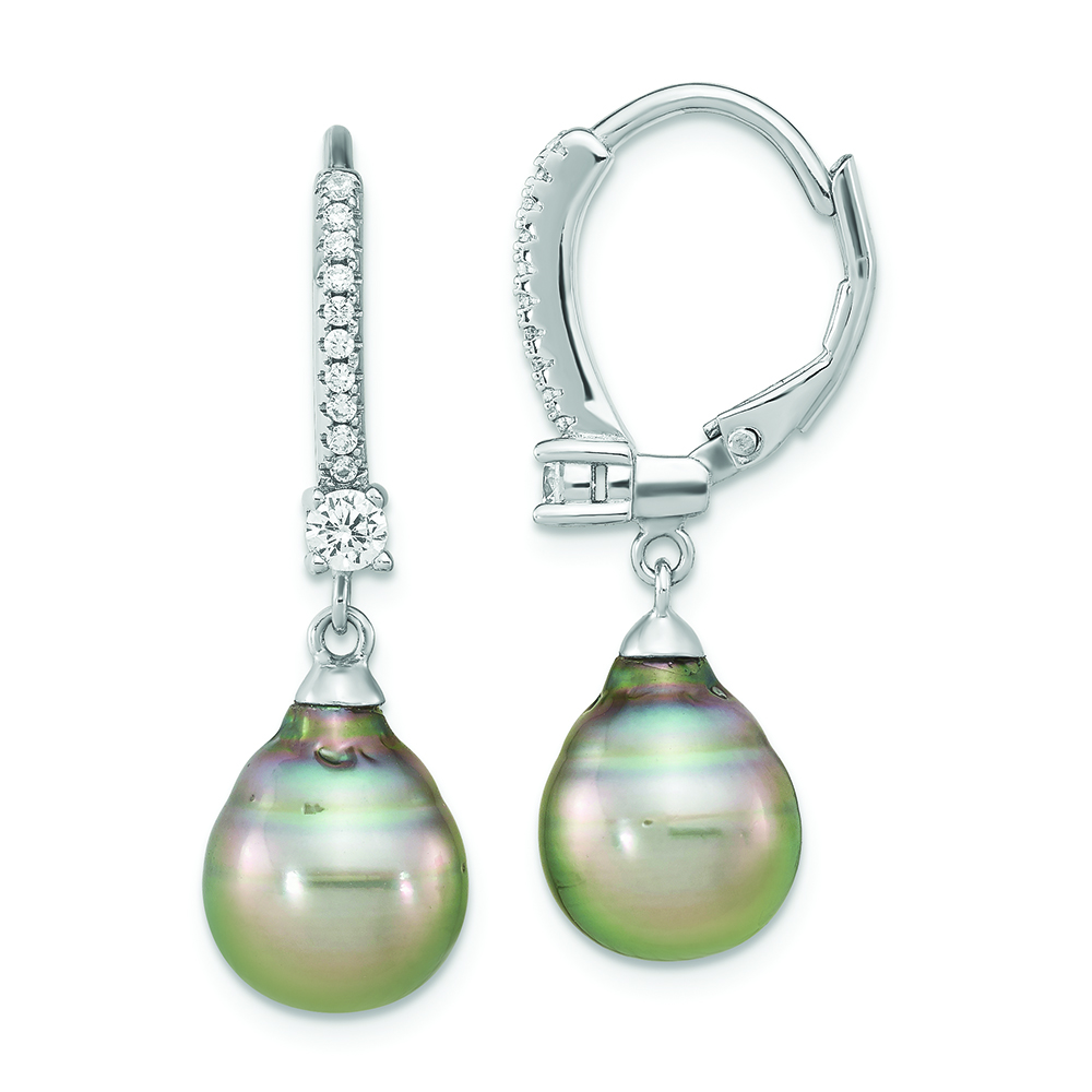SS RH-plated 9-10mm Tahitian Saltwater Pearl & CZ Leverback Earrings