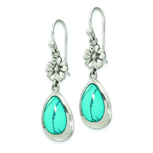Sterling Silver Polished Recon. Turquoise Floral Teardrop Dangle Earrings - Image 2