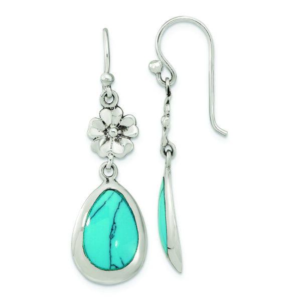 Sterling Silver Polished Recon. Turquoise Floral Teardrop Dangle Earrings