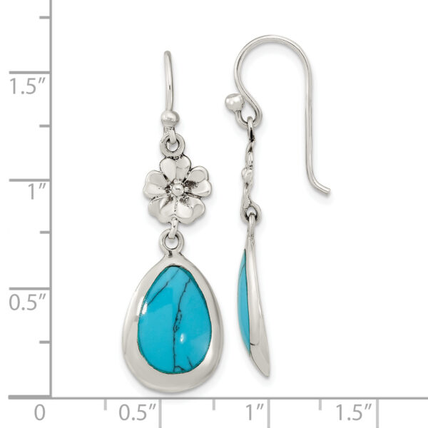 Sterling Silver Polished Recon. Turquoise Floral Teardrop Dangle Earrings - Image 3