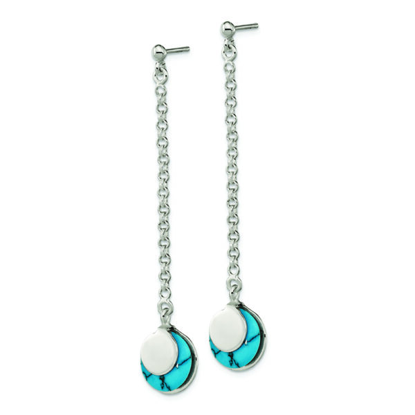 Sterling Silver Polished Reconstituted Turquoise Chain Dangle Post Earrings - Image 2