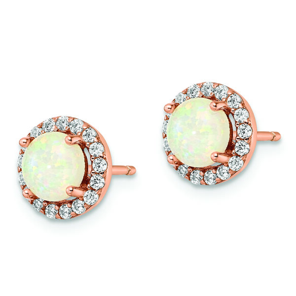 Sterling Silver Rose-tone Polished Created Opal & CZ Halo Post Earrings - Image 2