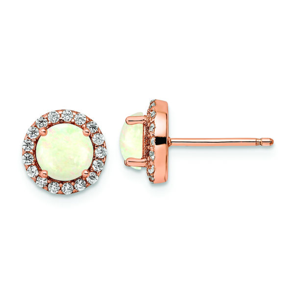 Sterling Silver Rose-tone Polished Created Opal & CZ Halo Post Earrings