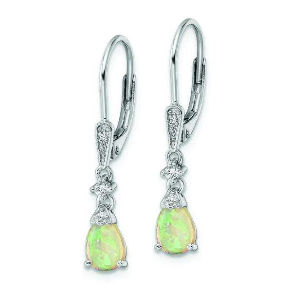 Sterling Silver RH-plated CZ & Created Opal Teardrop Leverback Earrings - Image 2