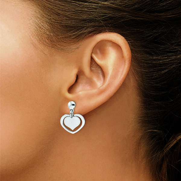 Sterling Silver Rhodium-plated Satin Heart in Heart Dangle Post Earrings - Image 3