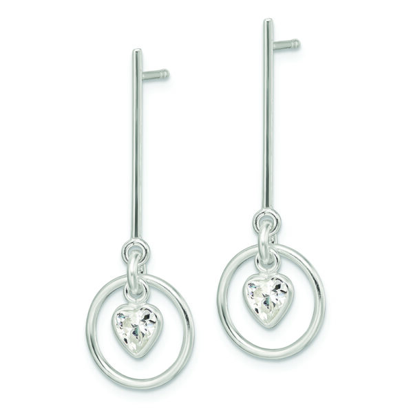 Sterling Silver Polished Dangle Heart CZ Post Earrings - Image 2