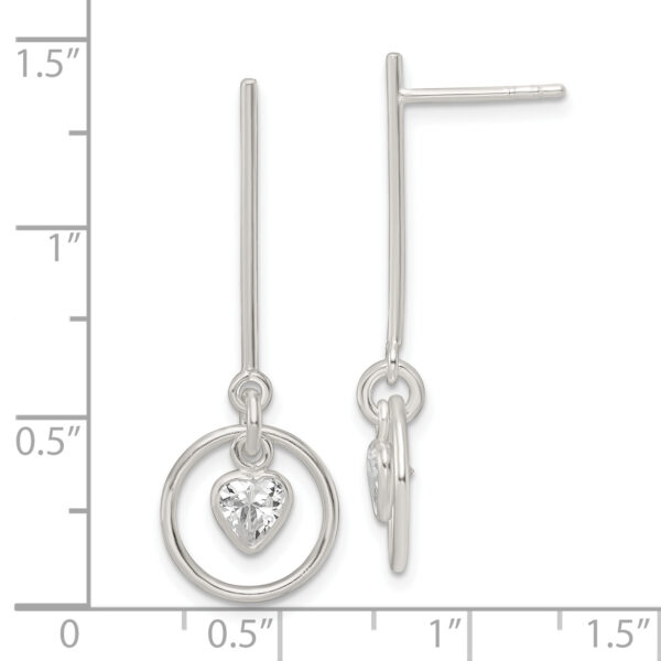 Sterling Silver Polished Dangle Heart CZ Post Earrings - Image 3