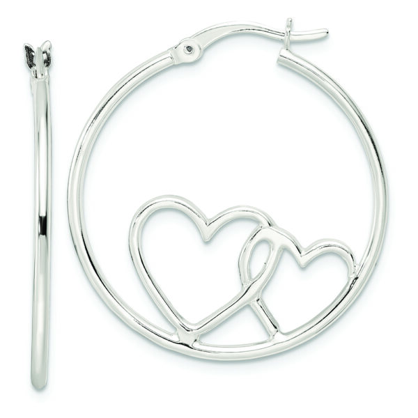 Sterling Silver Hearts Round 1.5x30mm Hoop Earrings