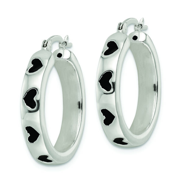 Sterling Silver Polished Black Enameled Hearts Circle Hoop Earrings - Image 2