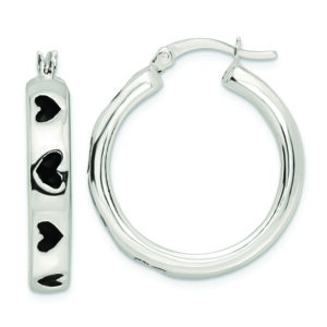 Sterling Silver Polished Black Enameled Hearts Circle Hoop Earrings