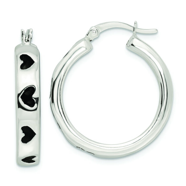 Sterling Silver Polished Black Enameled Hearts Circle Hoop Earrings
