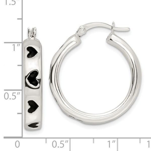 Sterling Silver Polished Black Enameled Hearts Circle Hoop Earrings - Image 3