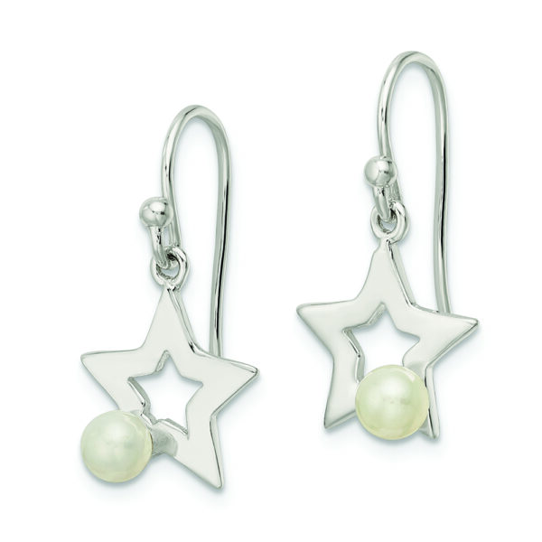 Sterling Silver Polished Imitation Pearl Star Shepherd Hook Earrings - Image 2