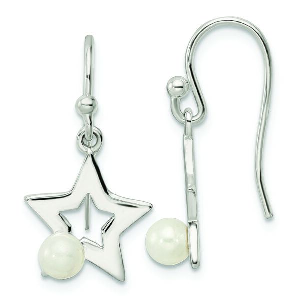 Sterling Silver Polished Imitation Pearl Star Shepherd Hook Earrings