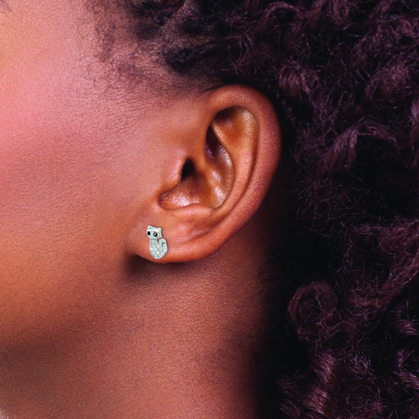 Sterling Silver Rhodium-plated CZ Cat Post Earrings - Image 3