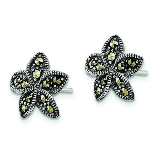 Sterling Silver Antiqued Marcasite Flower Post Earrings - Image 2