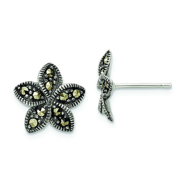 Sterling Silver Antiqued Marcasite Flower Post Earrings