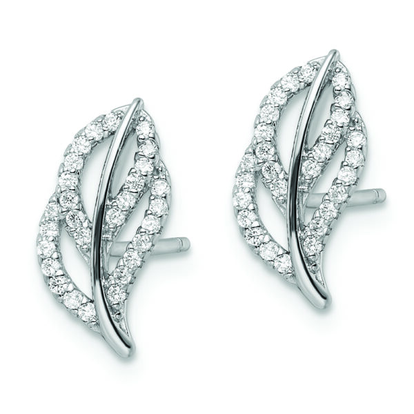 Sterling Silver Rhodium-plated Polished CZ Leaf Post Earrings - Image 2