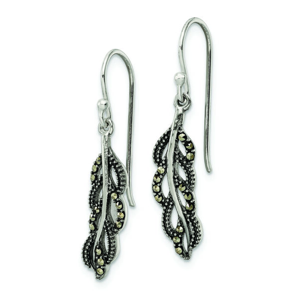 Sterling Silver Antiqued Marcasite Feather Dangle Earrings - Image 2