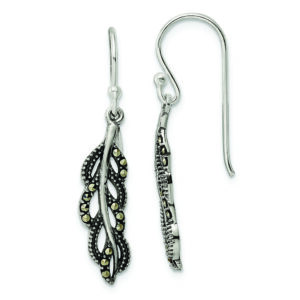 Sterling Silver Antiqued Marcasite Feather Dangle Earrings
