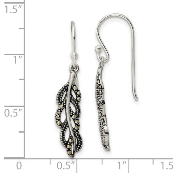 Sterling Silver Antiqued Marcasite Feather Dangle Earrings - Image 3