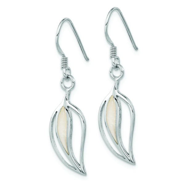 Sterling Silver Rhodium-plated Polished MOP Leaf Shepherds Hook Earrings - Image 2