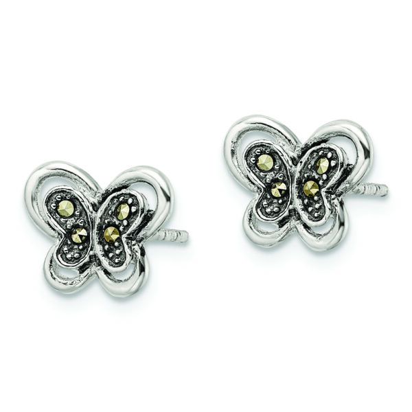 Sterling Silver Antiqued Marcasite Butterfly Post Earrings - Image 2