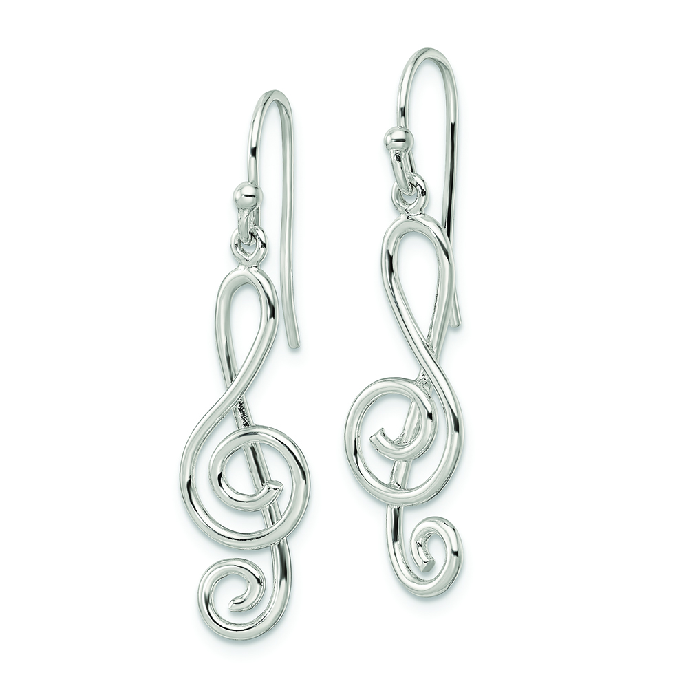Sterling Silver Polished Treble Clef Dangle Shepherd Hook Earrings - Image 2