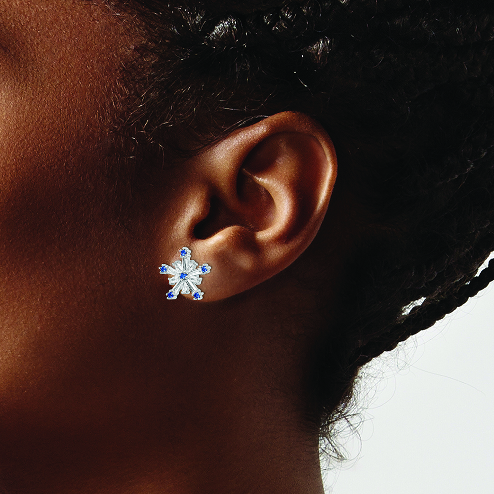 Sterling Silver Rhodium-plated Polished Blue & White CZ Snowflake Post Earr - Image 3