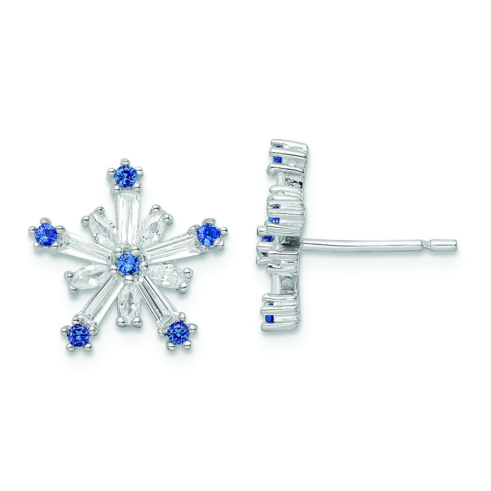 Sterling Silver Rhodium-plated Polished Blue & White CZ Snowflake Post Earr