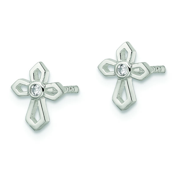 Sterling Silver Polished CZ Passion Cross Post Earrings - Image 2
