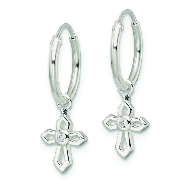 Sterling Silver Polished CZ Passion Cross Dangle Endless Hoop Earrings - Image 2