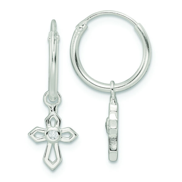 Sterling Silver Polished CZ Passion Cross Dangle Endless Hoop Earrings