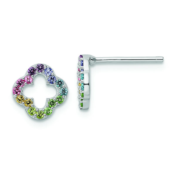 Sterling Silver Rhodium-plated Rainbow Crystal Clover Post Earrings